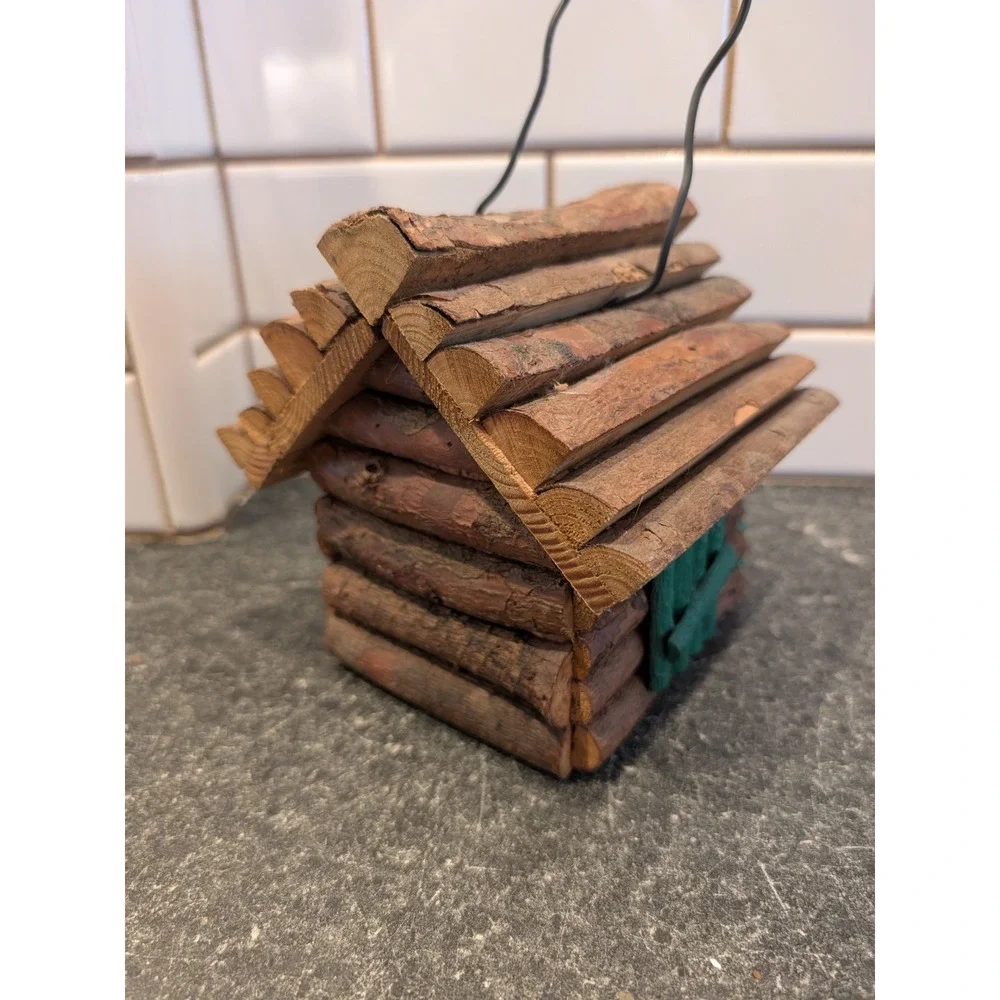Handmade Rustic Log Cabin Birdhouse Wood Fishing Lodge Decor with Wire‎ Hanger